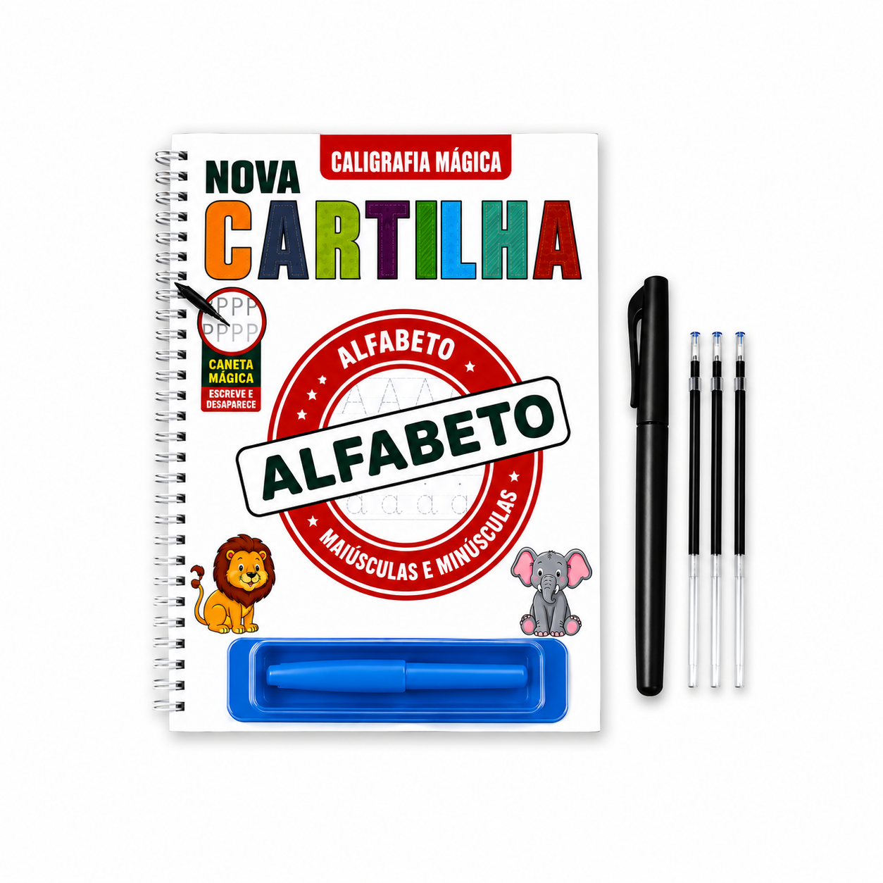 Cartilha de Caligrafia Mágica com caneta mágica e 3 recargas
